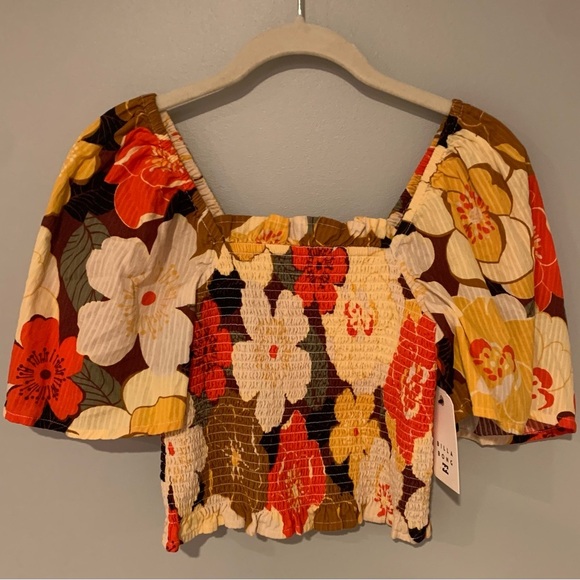 Billabong Orange Yellow Smocked Puff Sleeve Blouse - NWT - Small - Picture 8 of 10